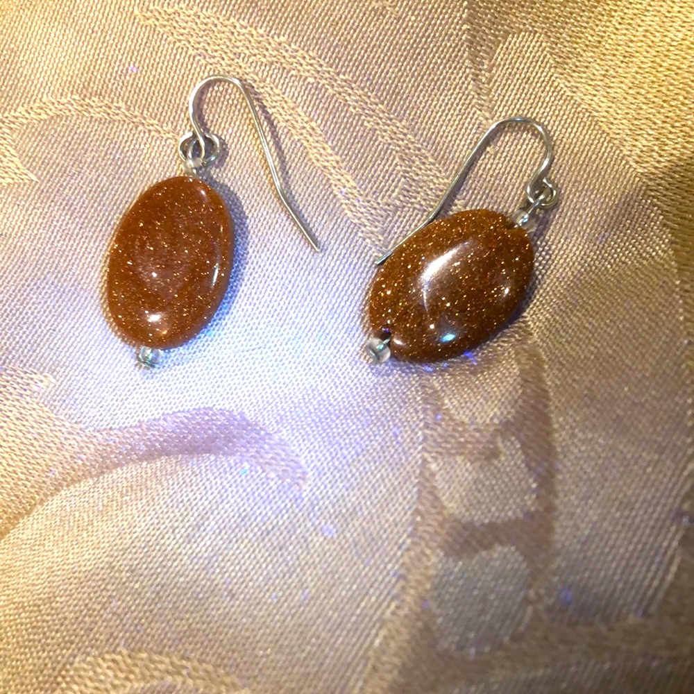 Goldstone Oval Drop Earrings - Women's Brown Gold Earrings